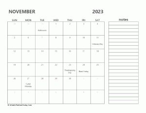 editable november 2023 calendar with holidays and notes