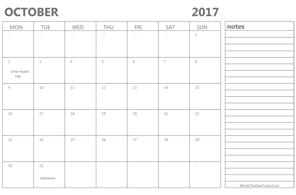 Editable october 2017 Calendar with Holidays and Notes