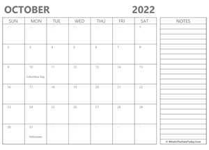 editable october 2022 calendar with holidays and notes