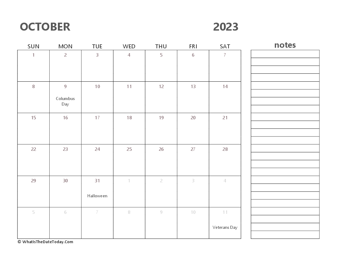 Editable october 2023 Calendar with Holidays and Notes
