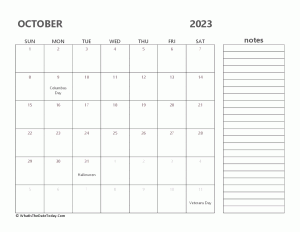editable october 2023 calendar with holidays and notes