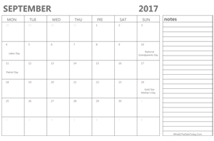 editable september 2017 calendar with holidays and notes