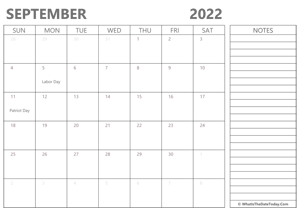 editable september 2022 calendar with holidays and notes