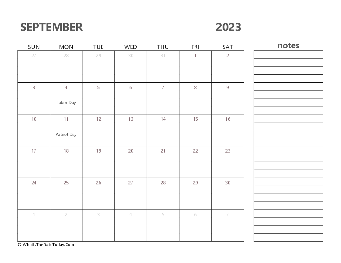 Editable september 2023 Calendar with Holidays and Notes