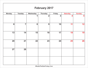 february 2017 calendar with weekend highlight