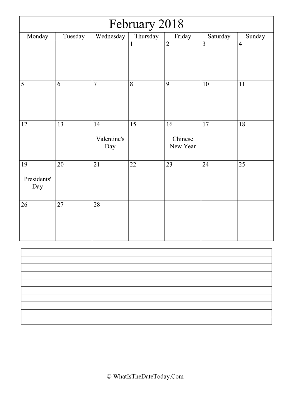 february 2018 calendar editable with notes in vertical layout