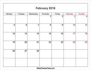 february 2018 calendar with weekend highlight