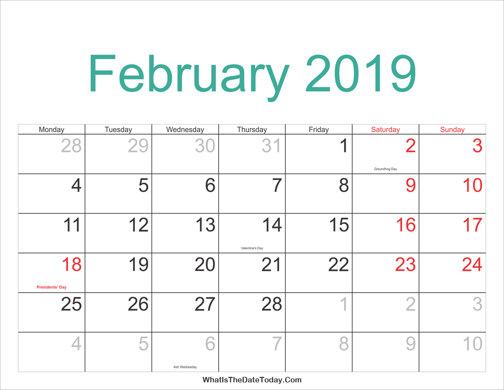 February 19 Calendar Printable With Holidays Whatisthedatetoday Com