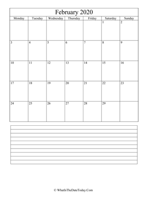 february 2020 calendar editable with notes (vertical)
