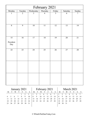 february 2021 editable calendar (vertical) with three mini months