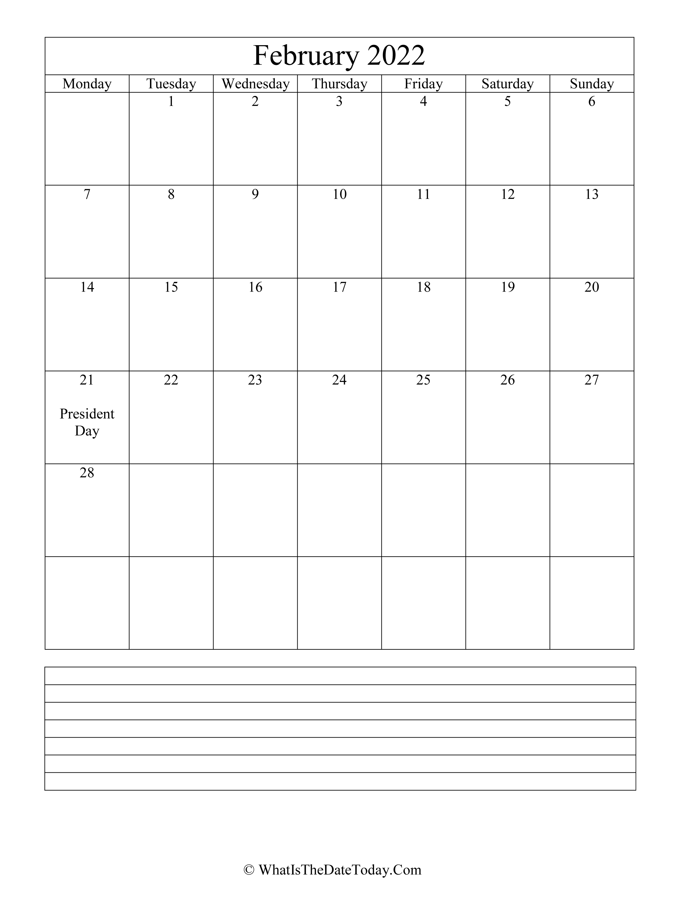 February 2022 Calendar Vertical February 2022 Calendar Editable With Notes Space (Vertical Layout)