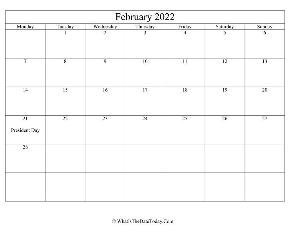 february 2022 Editable Calendar