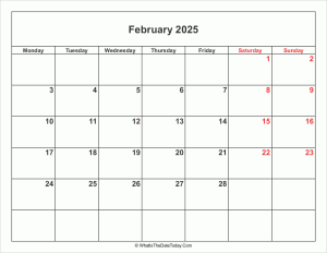 february 2025 calendar with weekend highlight