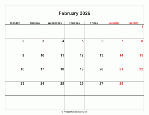 february 2026 calendar with weekend highlight