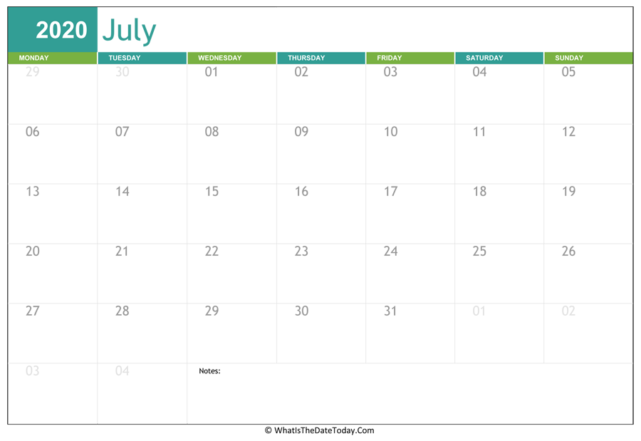 fillable july calendar 2020 with notes