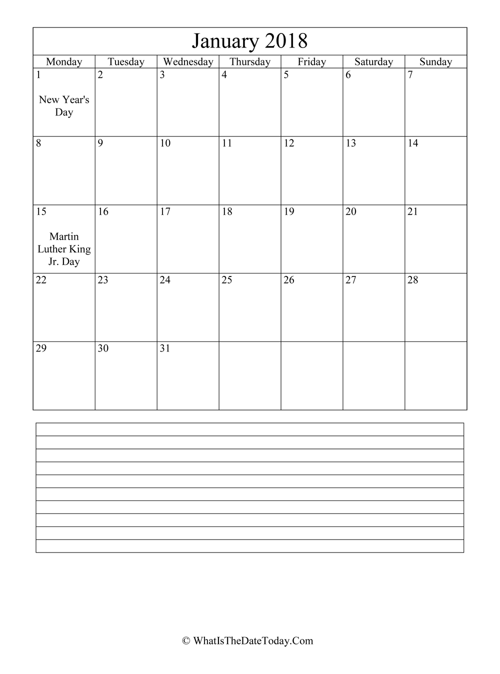 january 2018 calendar editable with notes in vertical layout