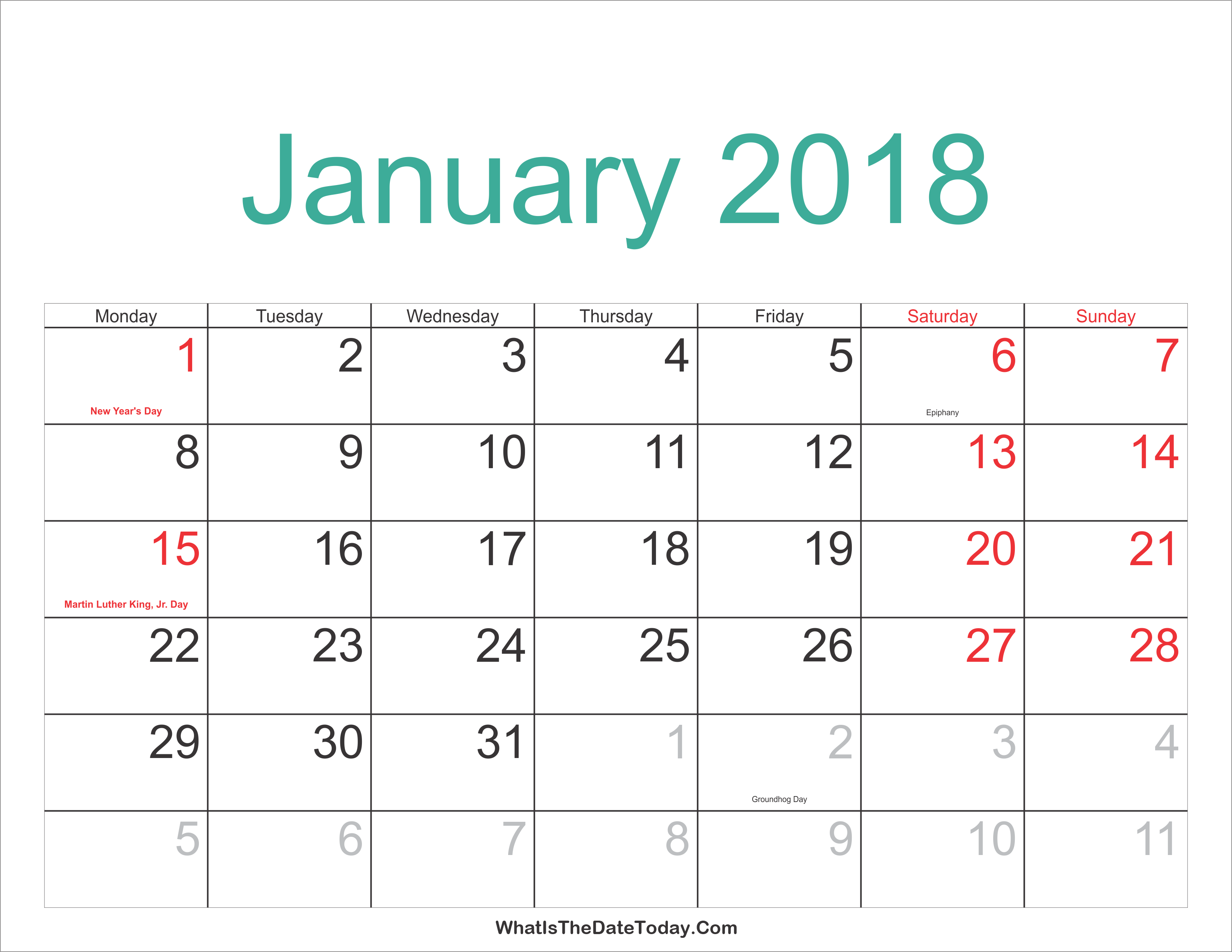 January 2018 Calendar Printable with Holidays | Whatisthedatetoday.Com