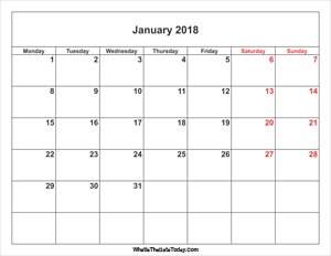 january 2018 calendar with weekend highlight