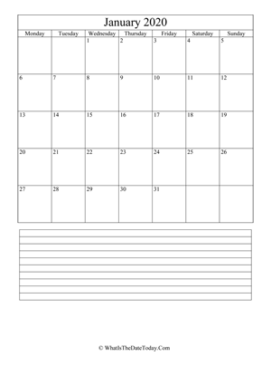 january 2020 calendar editable with notes (vertical)