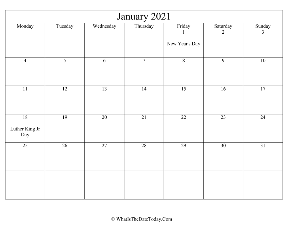 january 2021 Editable Calendar