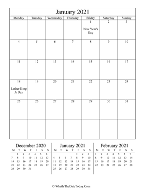 january 2021 editable calendar (vertical) with three mini months