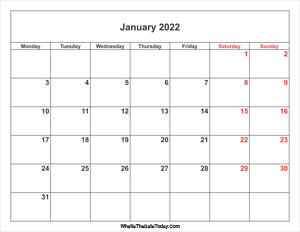 january 2022 calendar with weekend highlight