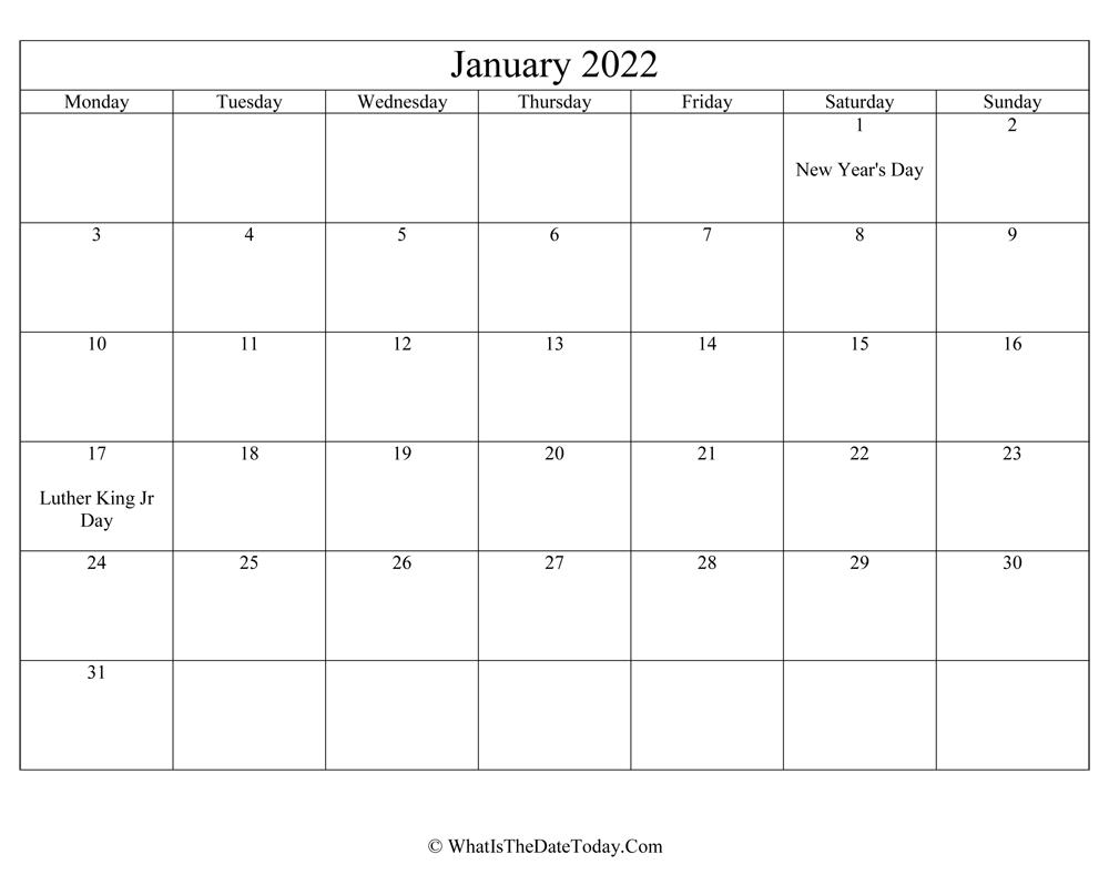 january 2022 Editable Calendar