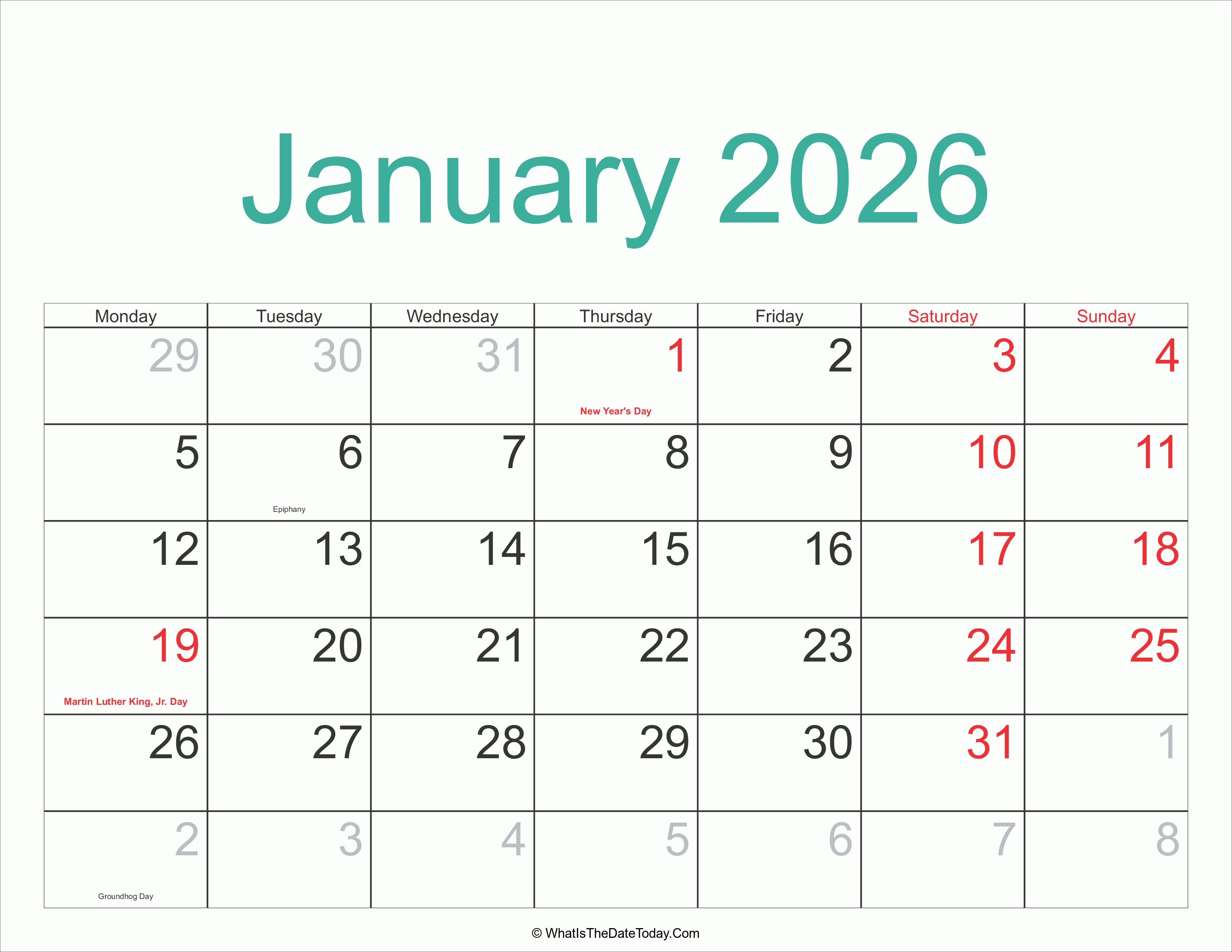 January 2026 Calendar Printable with Holidays  Whatisthedatetoday.Com