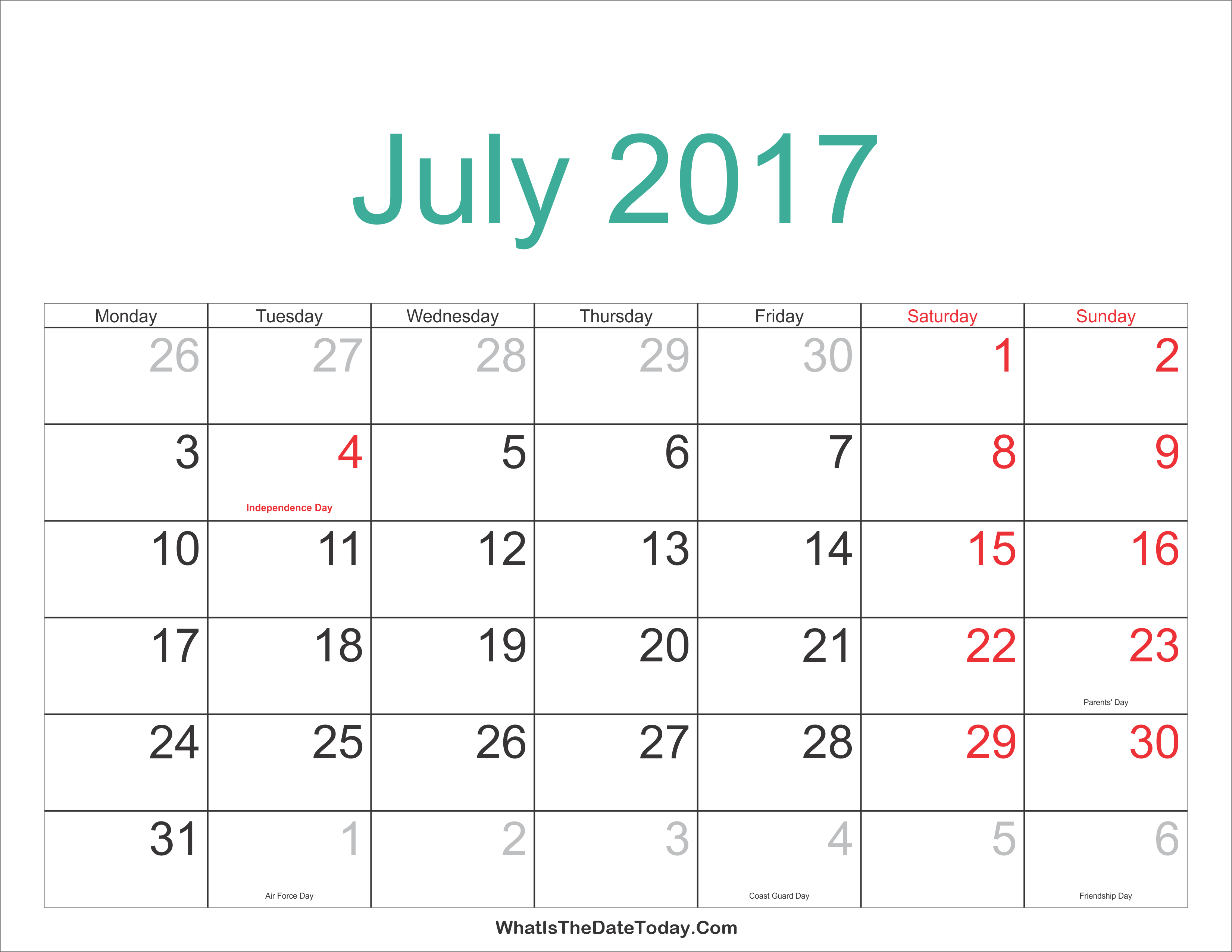 July 2017 Calendar Printable with Holidays Whatisthedatetoday Com