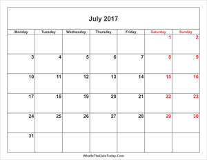 july 2017 calendar with weekend highlight