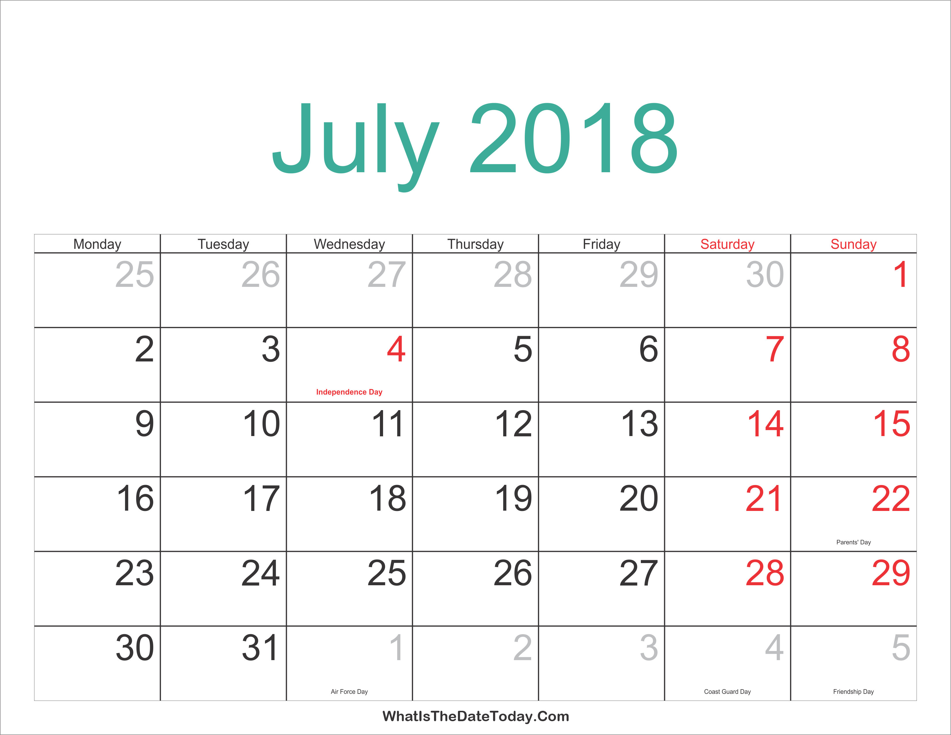 July 2018 Calendar Printable With Holidays Whatisthedatetodaycom