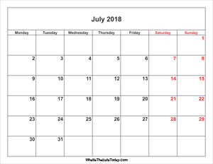 july 2018 calendar weekend highlight