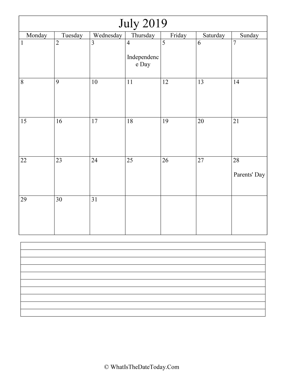 july 2019 calendar editable with notes in vertical layout