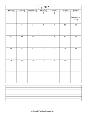 july 2021 calendar editable with notes
