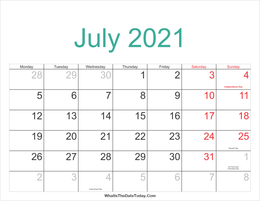 july 2021 Calendar Printable with Holidays