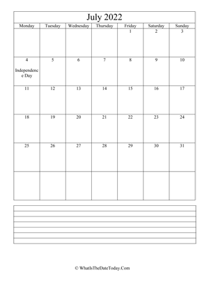 july 2022 calendar editable with notes (vertical)