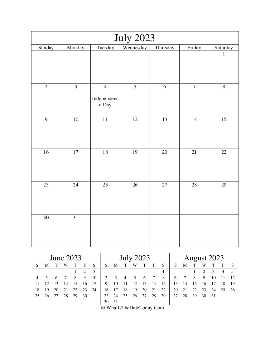 july 2023 editable calendar with three mini calendars in vertical layout
