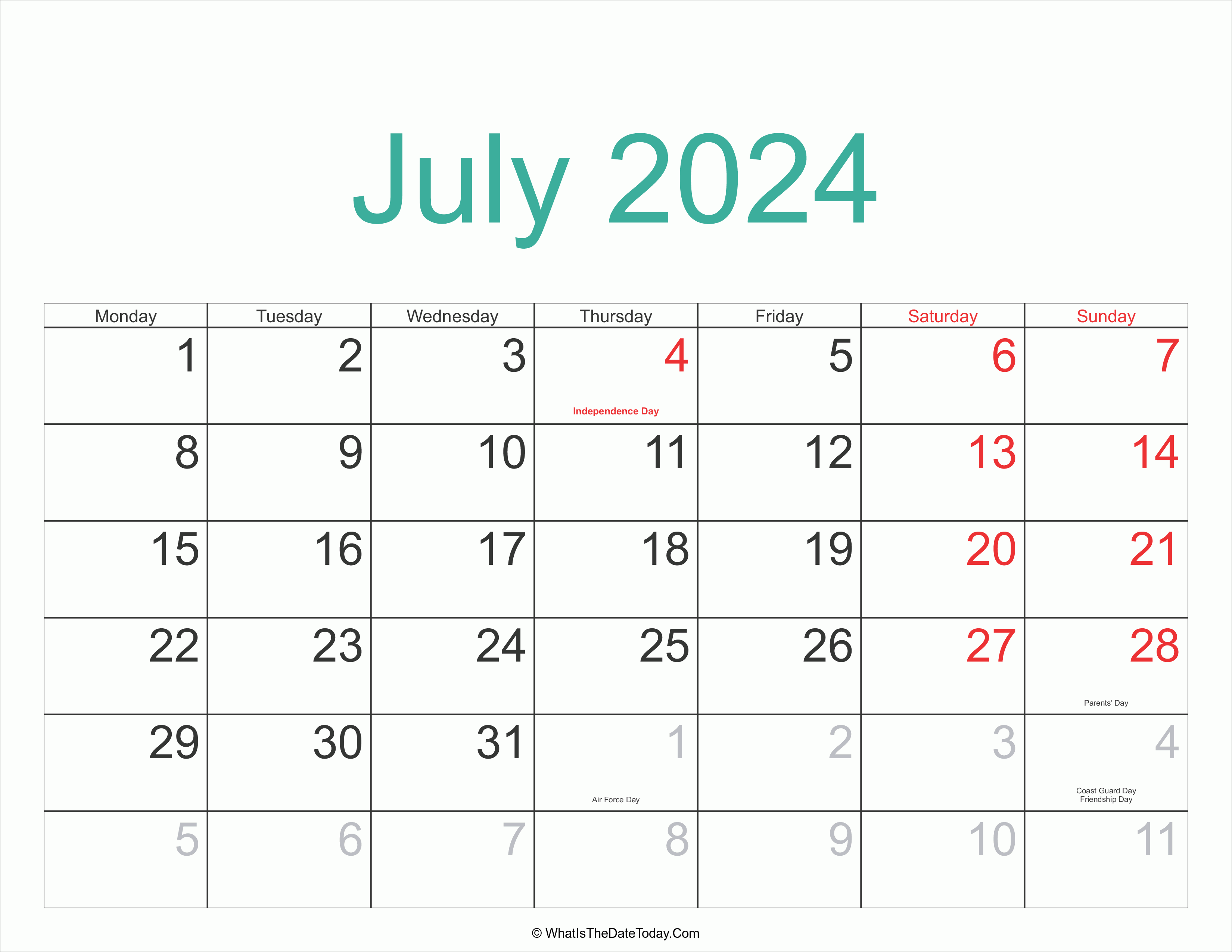 July 2024 Calendar Printable with Holidays