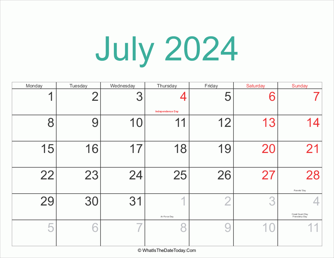 july 2024 Calendar Printable with Holidays