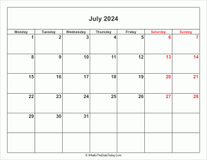 july 2024 calendar with weekend highlight
