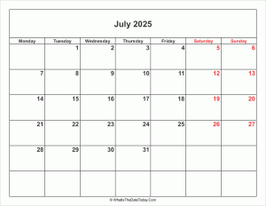july 2025 calendar with weekend highlight