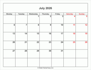 july 2026 calendar with weekend highlight