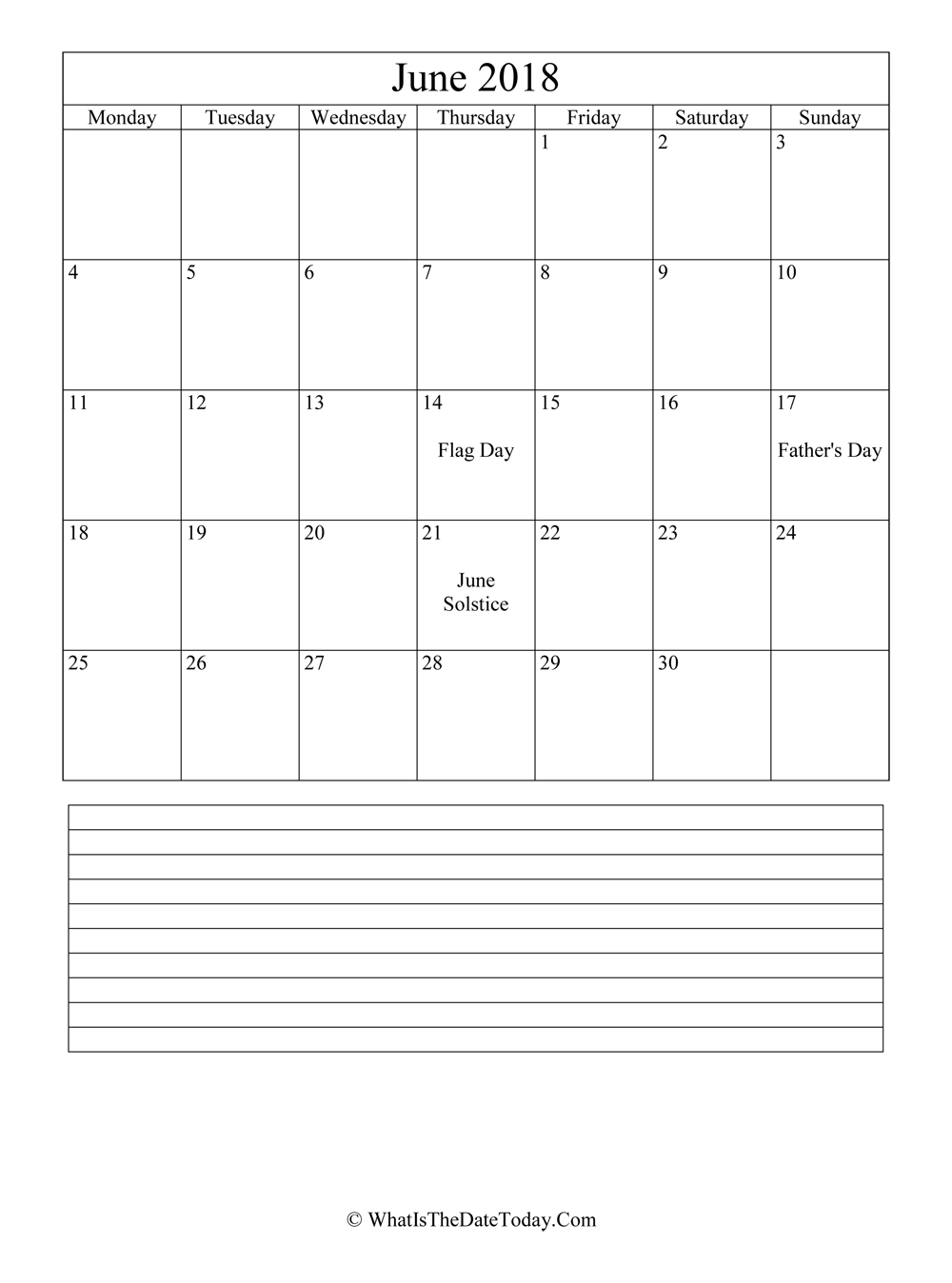 june 2018 calendar editable with notes in vertical layout