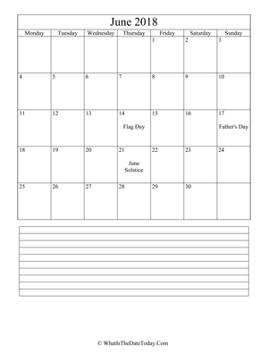 june 2018 calendar editable with notes