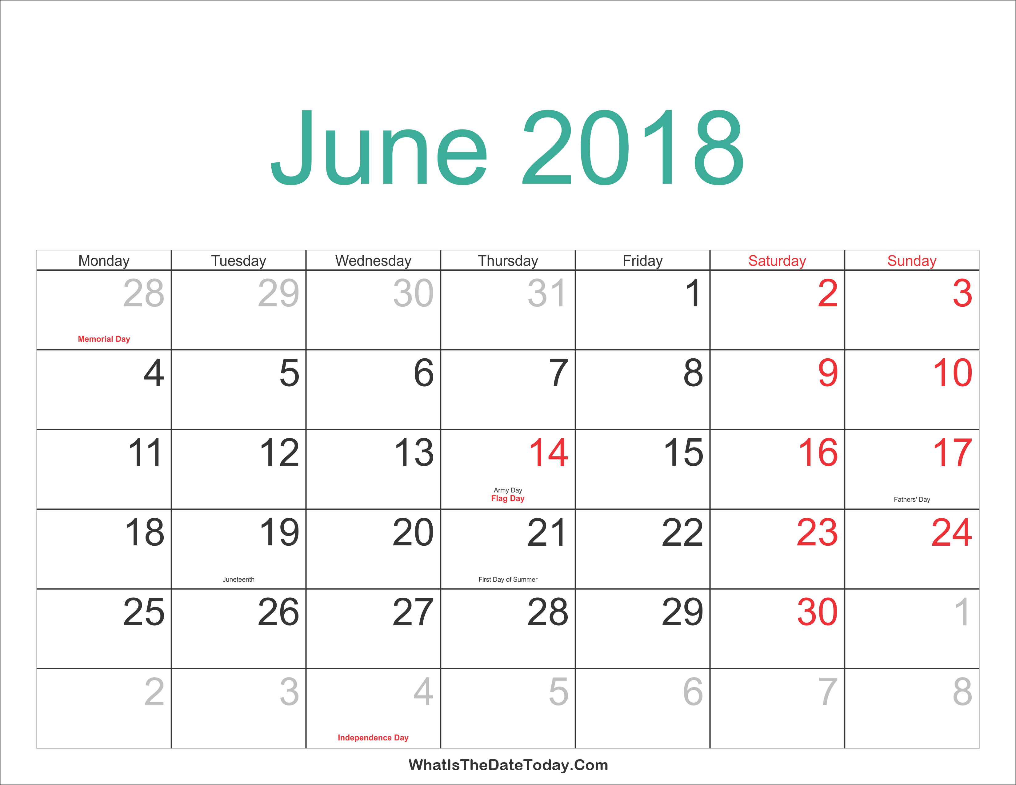 June 2018 Calendar Printable with Holidays Whatisthedatetoday Com