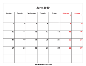 june 2019 calendar with weekend highlight
