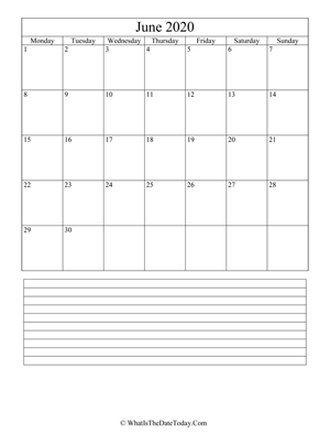 june 2020 calendar editable with notes (vertical)