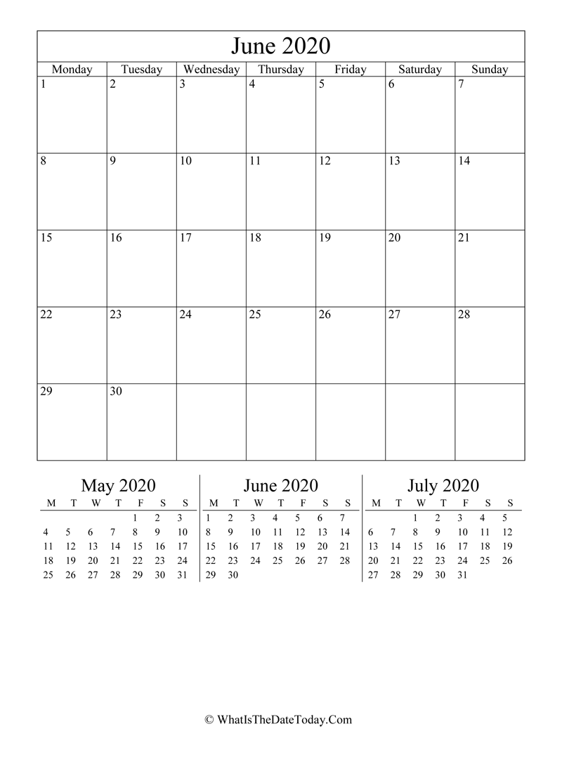 june 2020 editable calendar with three mini calendars in vertical layout