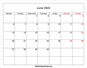 june 2022 calendar with weekend highlight