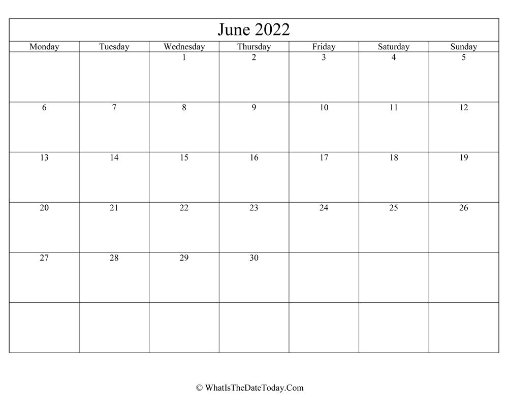 june 2022 Editable Calendar